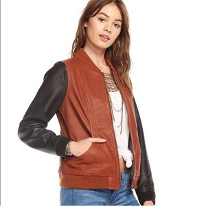 Chaser Colorblock Brown/Black Leather Bomber Jacket Sz Small Casual Everyday